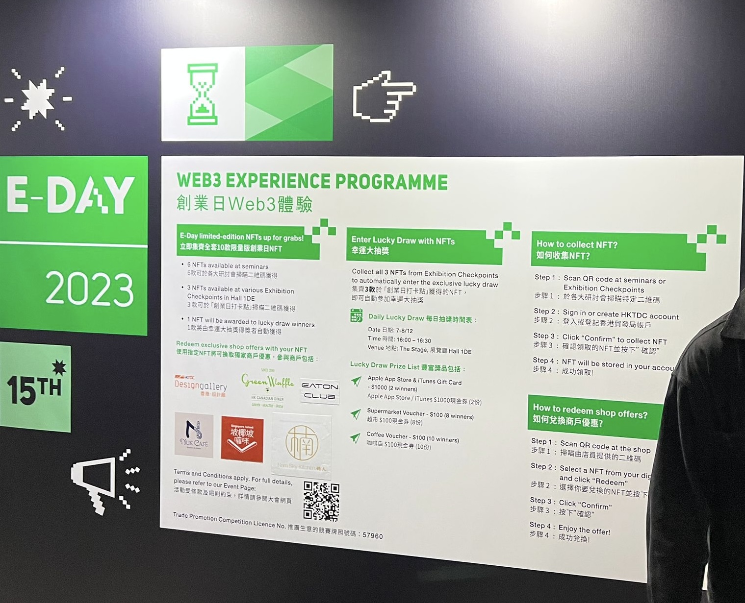 Web3 Experience Programme wall at HKTDC E-Day explaining NFT collection, the lucky draw and shop-offer redemption